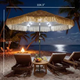 9 ft Hula Thatched Tiki Patio Umbrella with LED Solar Light, Outdoor Umbrella with Crank, Tilt, UPF30+, Khaki