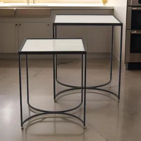 24 Inch Plant Stands Set of 2, White Marble Top, Minimalist Black Frame
