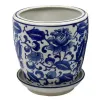 Planter With Saucer Set of 4, Vintage Blue Floral Print, White Ceramic