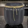 Rave 17 Inch Planter, Pumpkin Like Shape and Rope Details, Black Resin
