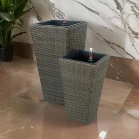 Aly Tall Self Watering Planter Set of 2, Hand Woven Wicker, Espresso Brown