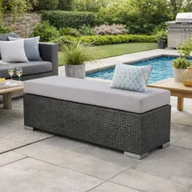 Sanie Outdoor Bench, 47 Inch, Gray Resin Wicker Weave, Silver Polyester