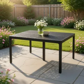 Riley Outdoor Dining Table, Square 61 Inch Matte Black Metal Lattice