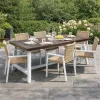 Nikay Outdoor Dining Table, Dark Brown Acacia Wood, White Iron, 71 Inch
