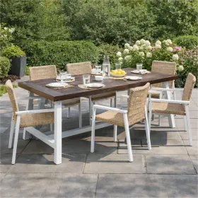 Nikay Outdoor Dining Table, Dark Brown Acacia Wood, White Iron, 71 Inch