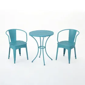 Rune Outdoor Bistro Table Set, 2 Chairs, Round Slatted, Teal Blue Iron