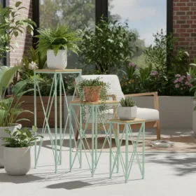 Mito 3pc Nesting Plant Stand Table, Brown Wood, X Cross Green Metal