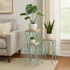Mito 3pc Nesting Plant Stand Table, Brown Wood Top, X Cross Blue Metal