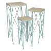 Mito 3pc Nesting Plant Stand Table, Brown Wood Top, X Cross Blue Metal