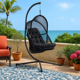 Bery Outdoor Swing Chair with Foldable Stand, Coastal Black Cushion