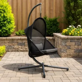 Cery Outdoor Egg Swing Chair, Foldable Stand, Coastal Black Cushion