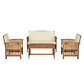 Kaila 4pc Patio Sofa, Chair and Coffee Table Set, Beige Cushions, Brown Wood