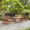 Kaila 4pc Patio Sofa, Chair and Coffee Table Set, Black Cushions, Brown Wood