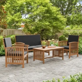 Kaila 4pc Patio Sofa, Chair and Coffee Table Set, Black Cushions, Brown Wood