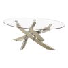 Oval Shape Glass Top Coffee Table with Criss Cross Base, Silver and Clear