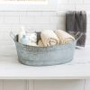 Thea Embossed Design Oval Shape Galvanized Steel Tub with Side Handles, Large, Silver