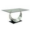 Metal and Glass Dining Table with Unique U Shape Pedestal Base, Chrome and Black