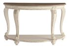 Crescent Moon Wooden Sofa Table with Engraved Details, Brown and White