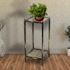 2 Tier Square Stone Top Plant Stand with Metal Frame, Small, Black and Gray