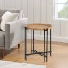 24 Inch Side Table, Modern, Round Tabletop, Carved Wood, Iron Frame, Brown