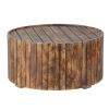 34 Inch Handmade Wooden Round Coffee Table with Plank Design, Burned Brown