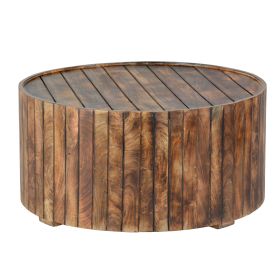 34 Inch Handmade Wooden Round Coffee Table with Plank Design, Burned Brown
