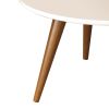 24 Inch Modern Coffee Table, Round Off White MDF Top, Tapered Brown Mango Wood Legs