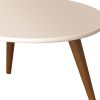 24 Inch Modern Coffee Table, Round Off White MDF Top, Tapered Brown Mango Wood Legs