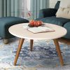 24 Inch Modern Coffee Table, Round Off White MDF Top, Tapered Brown Mango Wood Legs