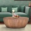 Arthur Drum Shape Wooden 35.5 Inch Coffee Table with Plank Design Base, Distressed Brown