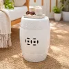 Garden Accent Stool, 17 Inch Round Drum Shape, White Ceramic, Cut Out Details