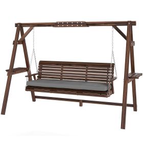 3 Seat Wooden Porch Swing with Stand, Patio Swing with Cushion, for Garden, Poolside, Backyard, Carbonized Brown 3 Seat Wooden Porch Swing with Stand, Patio Swing with Cushion, for Garden, Poolside, Backyard, Carbonized Brown