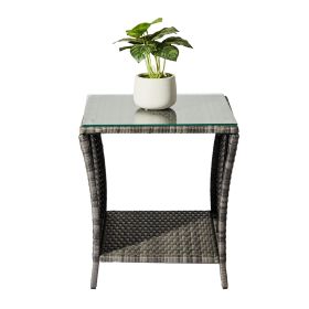 Outdoor Patio Wicker Side Table, Square End Table Bistro Coffee Table with Glass Top Storage Shelf for Porch Garden Backyard Grey(SAME AS 1921598