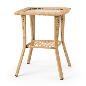 Outdoor Wicker Side Table, Rattan End Table with Glass Top, Patio Coffee Bistro Table for Indoor Garden Porch Balcony, Beige