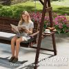 3 Seat Wooden Porch Swing with Stand, Patio Swing with Cushion, for Garden, Poolside, Backyard, Carbonized Brown