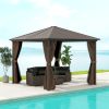 10 X 10 Hardtop Gazebo Canopy, Permanent Pavilion With Hook, Curtains, Aluminum Frame For Patio, Garden, Dark Brown