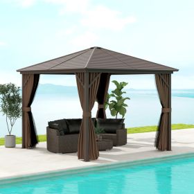 10 X 10 Hardtop Gazebo Canopy, Permanent Pavilion With Hook, Curtains, Aluminum Frame For Patio, Garden, Dark Brown (Option: Dark Brown)