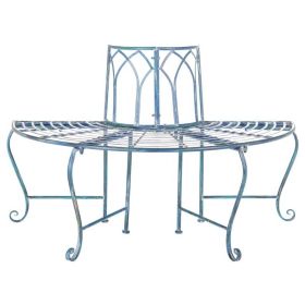 Half-Circle Outdoor Patio Garden Antique Blue Wrought Iron Tree Bench (Color: Blue)