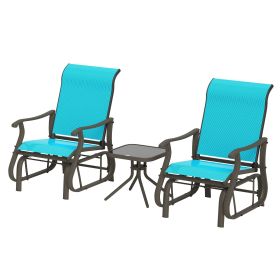 3-Piece Outdoor Gliders Set Bistro Set with Steel Frame, Tempered Glass Top Table for Patio, Garden (Color: Bright Blue)