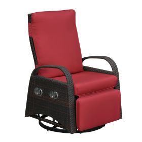 Adjustable Outdoor 360Â° Swivel Rattan Recliner Chair with Cushion for Patio, Porch, Yard and Garden (Color: Red)