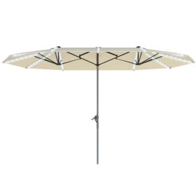 15ft Double-Sided Outdoor Umbrella With Solar Lights,  Extra Large Aluminum Patio Umbrella With Crank (Color: Cream White)